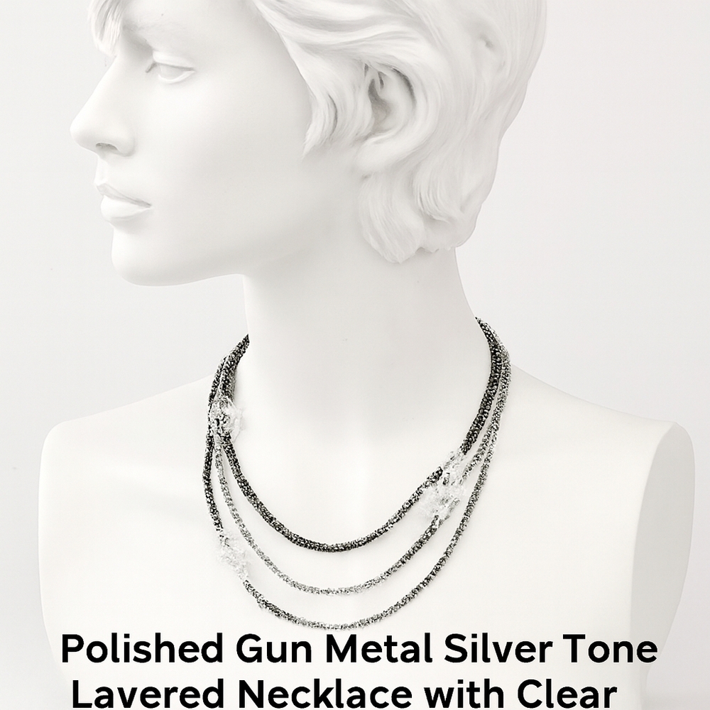 BALLET, Multi Strand Silver Gunmetal Long  Necklace with Clear Beads 34" Jewelry